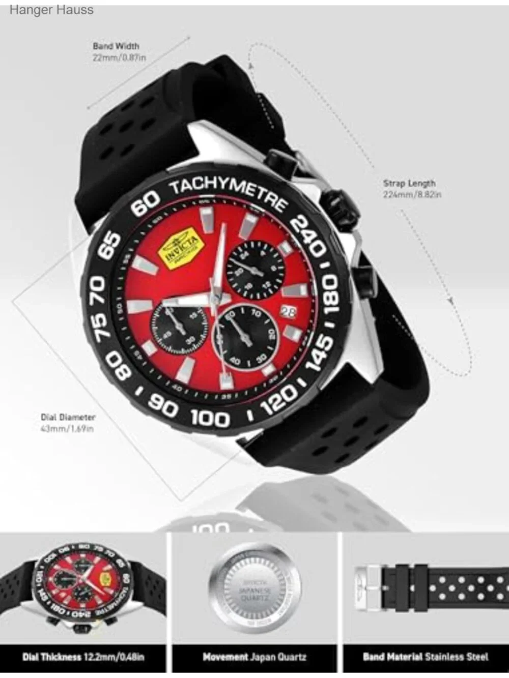 Men's 43mm Quartz Chronograph GMT Watch with Red Dial Stainless Steel